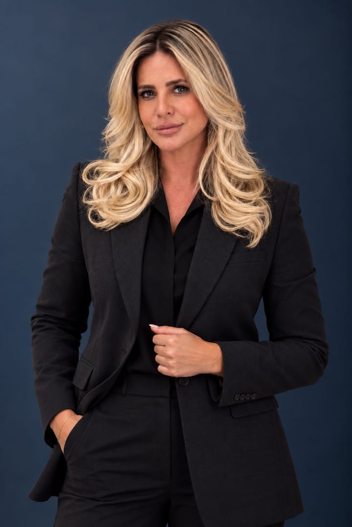 Dra. Elisiane Bottega em pé, com uma das mãos no bolso e a outra no blazer