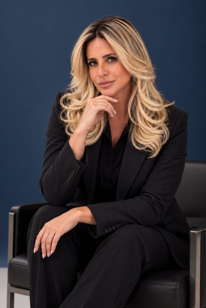 Dra. Elisiane Bottega sentada em poltrona de couro, com a mão apoiada no queixo